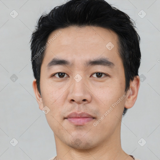 Neutral asian young-adult male with short  black hair and brown eyes