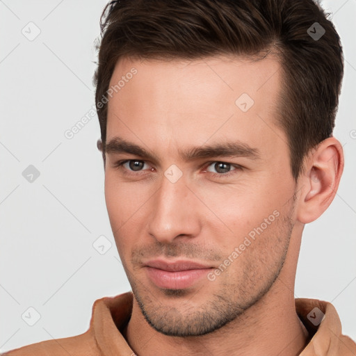 Neutral white young-adult male with short  brown hair and brown eyes