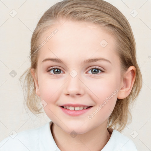 Joyful white child female with medium  brown hair and blue eyes