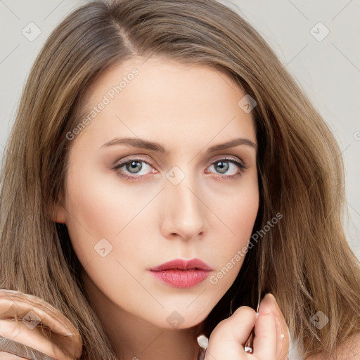 Neutral white young-adult female with long  brown hair and brown eyes