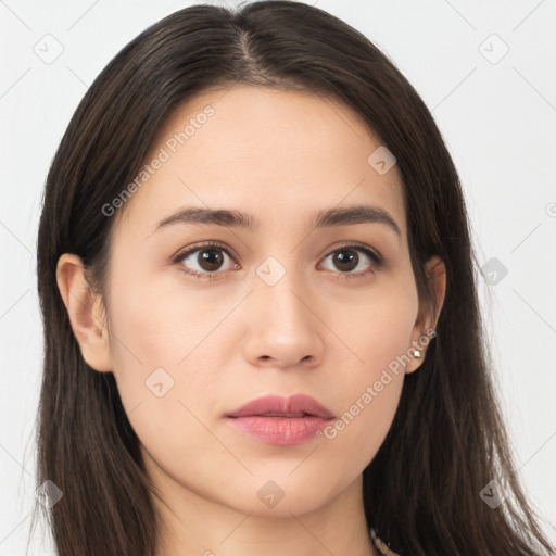 Neutral white young-adult female with long  brown hair and brown eyes