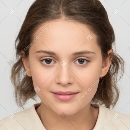 Joyful white child female with medium  brown hair and brown eyes