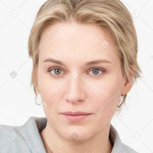 Neutral white young-adult female with medium  brown hair and grey eyes