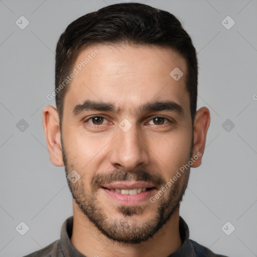 Joyful white young-adult male with short  brown hair and brown eyes