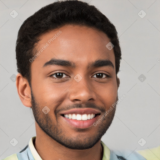 Joyful latino young-adult male with short  brown hair and brown eyes