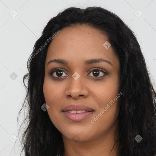 Joyful latino young-adult female with long  black hair and brown eyes