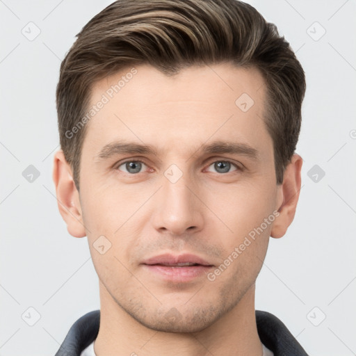 Neutral white young-adult male with short  brown hair and brown eyes