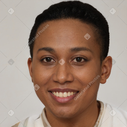 Joyful black young-adult female with short  brown hair and brown eyes