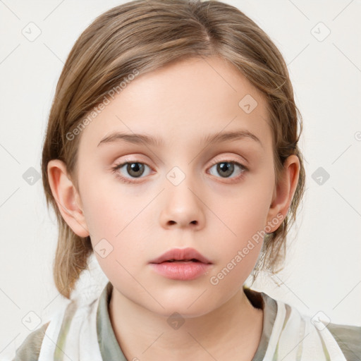 Neutral white child female with medium  brown hair and grey eyes