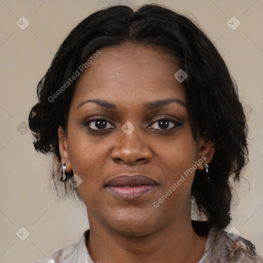 Joyful black young-adult female with medium  black hair and brown eyes