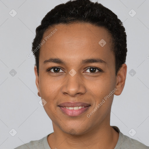 Joyful black young-adult male with short  brown hair and brown eyes