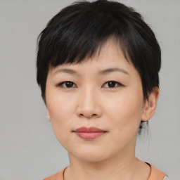 Neutral asian young-adult female with medium  black hair and brown eyes