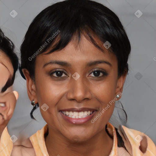 Joyful asian young-adult female with medium  brown hair and brown eyes