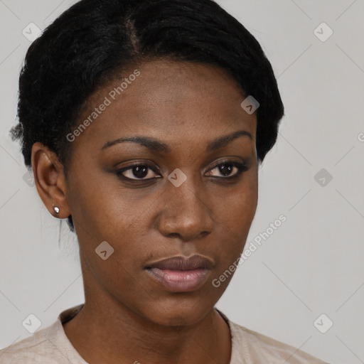 Neutral black young-adult female with short  black hair and brown eyes