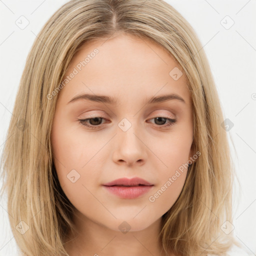 Neutral white young-adult female with long  brown hair and brown eyes