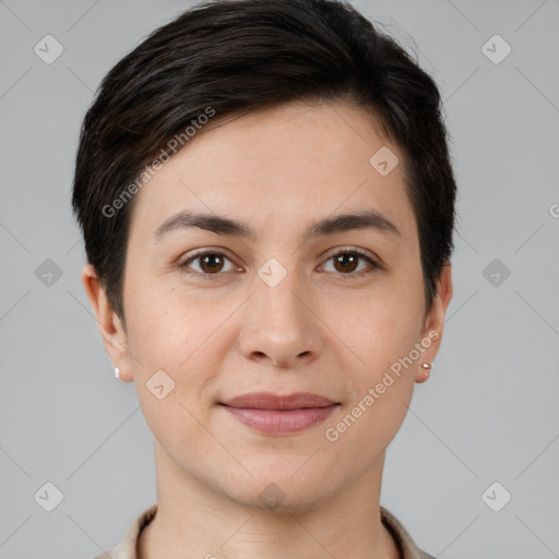 Joyful white young-adult female with short  brown hair and brown eyes