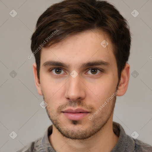 Neutral white young-adult male with short  brown hair and brown eyes