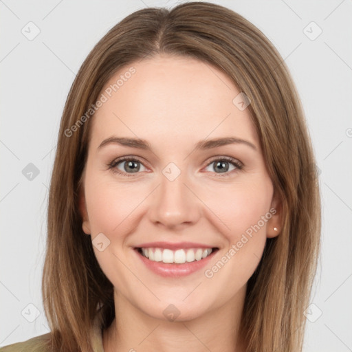 Joyful white young-adult female with long  brown hair and grey eyes