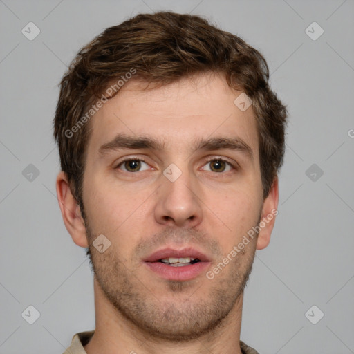 Neutral white young-adult male with short  brown hair and grey eyes