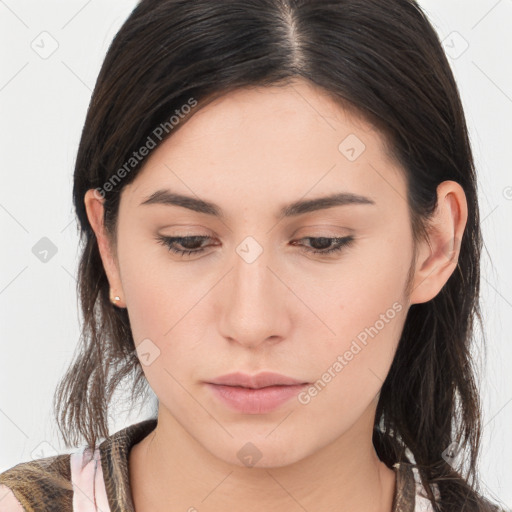 Neutral white young-adult female with long  brown hair and brown eyes