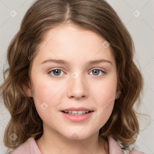 Joyful white child female with medium  brown hair and blue eyes