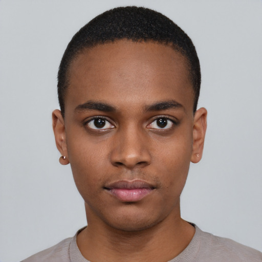 Neutral black young-adult male with short  black hair and brown eyes