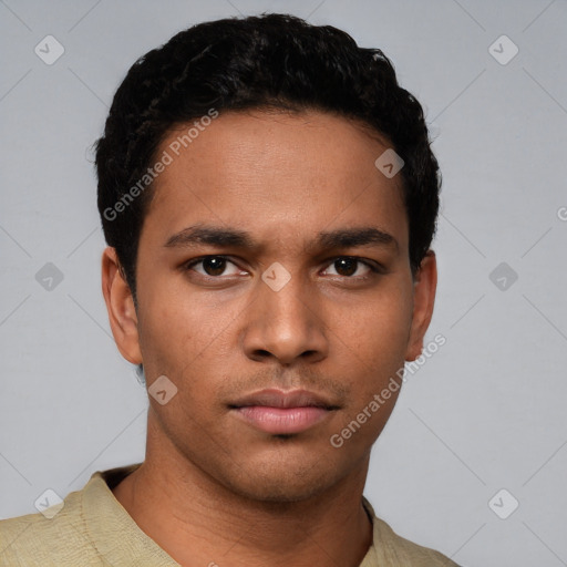 Neutral latino young-adult male with short  black hair and brown eyes