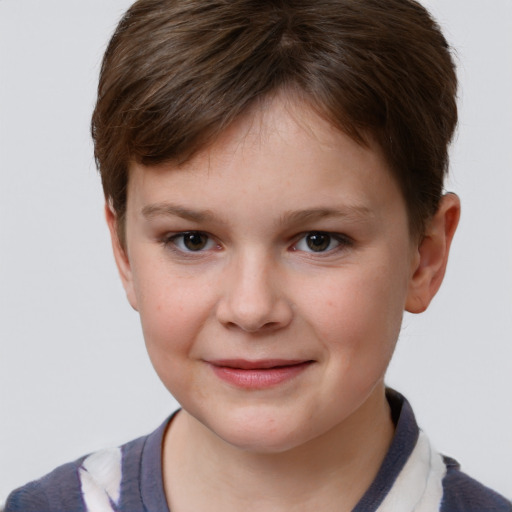 Joyful white child female with short  brown hair and grey eyes