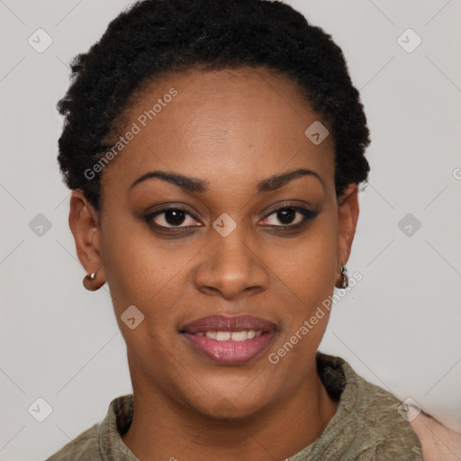 Joyful black young-adult female with short  black hair and brown eyes