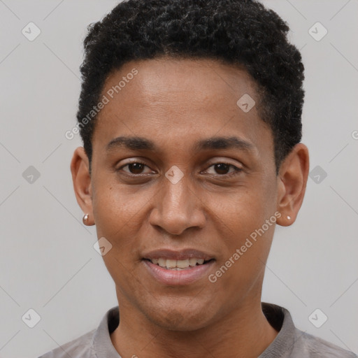 Joyful black young-adult male with short  black hair and brown eyes