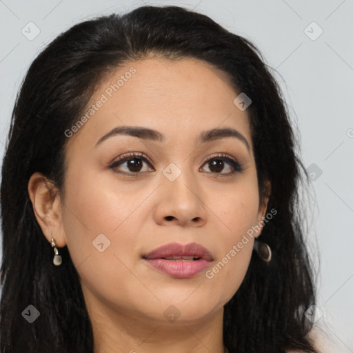 Joyful latino young-adult female with long  brown hair and brown eyes