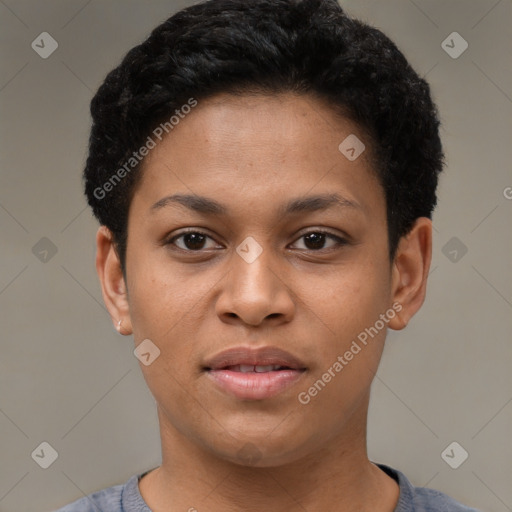 Joyful latino young-adult female with short  brown hair and brown eyes