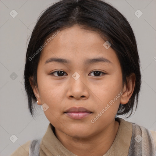 Neutral asian young-adult female with medium  brown hair and brown eyes