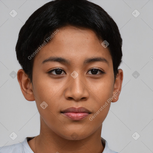 Joyful asian young-adult female with short  black hair and brown eyes