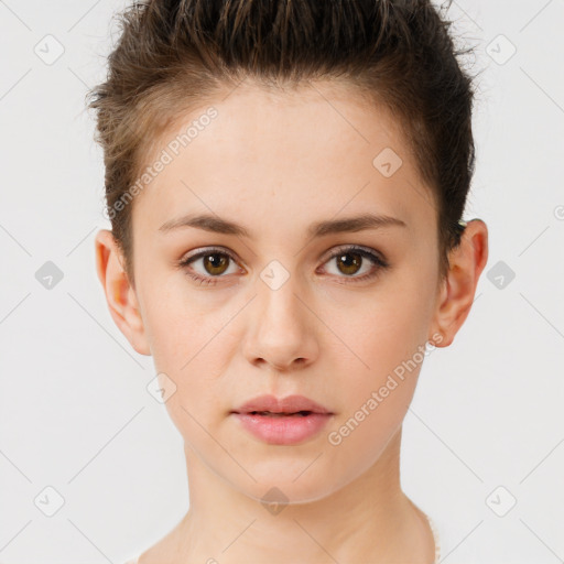 Neutral white young-adult female with short  brown hair and brown eyes