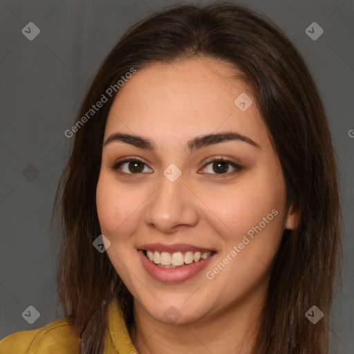 Joyful white young-adult female with long  brown hair and brown eyes