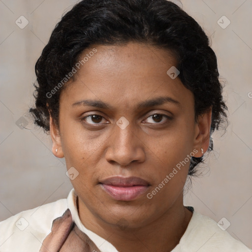 Joyful latino young-adult female with short  brown hair and brown eyes