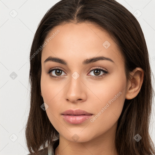 Neutral white young-adult female with long  brown hair and brown eyes