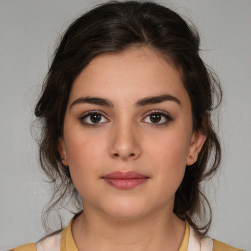 Neutral white young-adult female with medium  brown hair and brown eyes