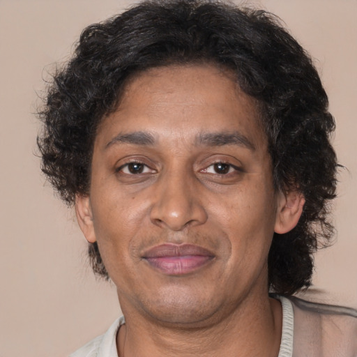 Joyful black adult male with short  brown hair and brown eyes