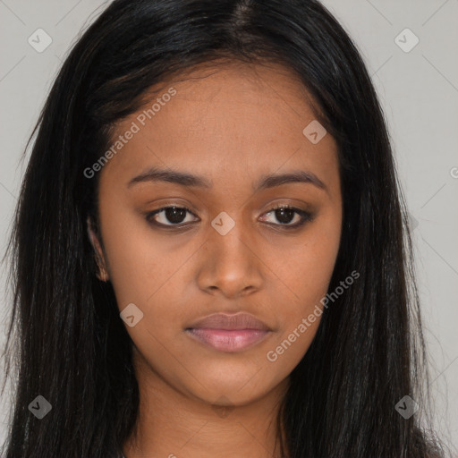 Neutral asian young-adult female with long  brown hair and brown eyes