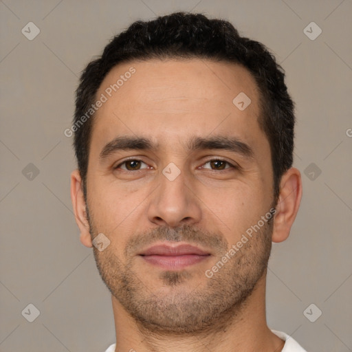 Neutral white young-adult male with short  brown hair and brown eyes