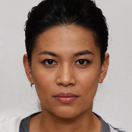 Joyful asian young-adult female with short  black hair and brown eyes