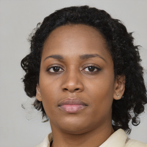 Neutral black young-adult female with medium  brown hair and brown eyes