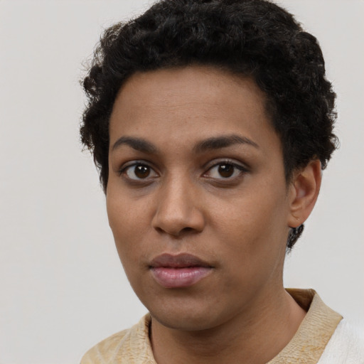 Neutral latino young-adult female with short  black hair and brown eyes