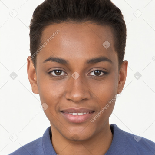 Joyful black young-adult female with short  brown hair and brown eyes