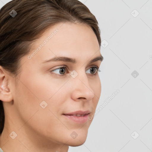 Neutral white young-adult female with medium  brown hair and grey eyes