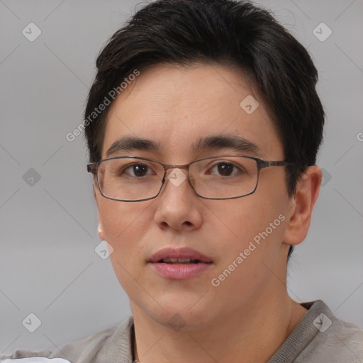 Neutral white young-adult female with short  brown hair and brown eyes