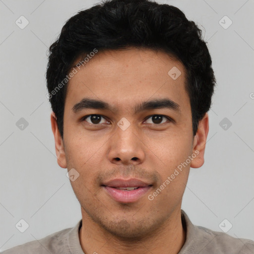Neutral asian young-adult male with short  black hair and brown eyes