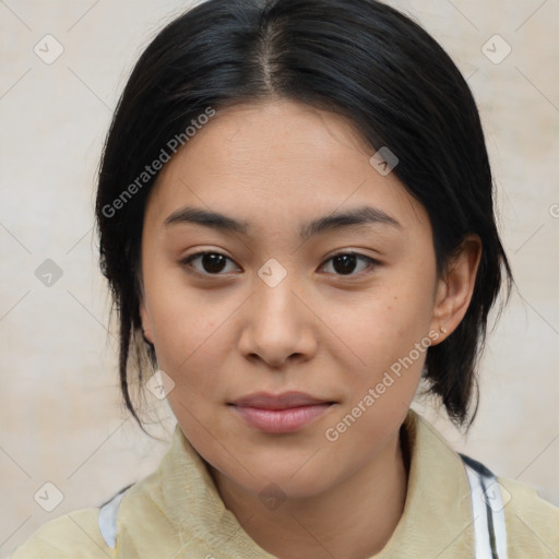 Joyful latino young-adult female with medium  black hair and brown eyes